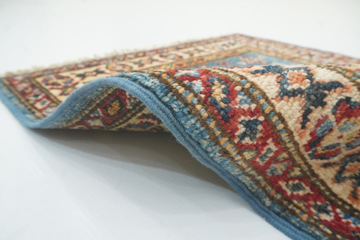2x3 Blue Kazak Hand-Knotted Afghan Rug - Yildiz Rugs