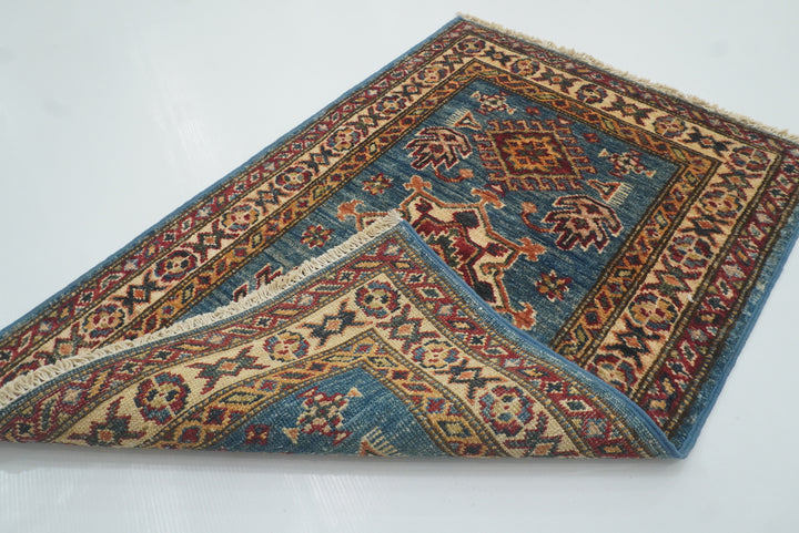 2x3 Blue Kazak Hand-Knotted Afghan Rug - Yildiz Rugs