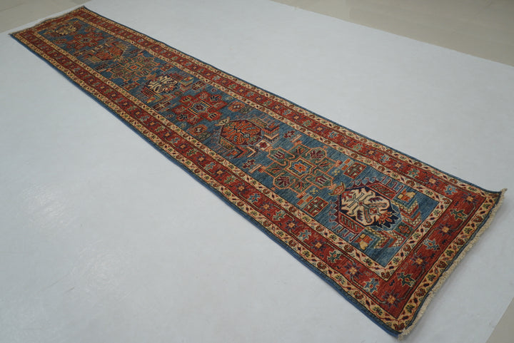 14 ft Blue Karaja Heriz Afghan Hand knotted Long Oriental Runner Rug