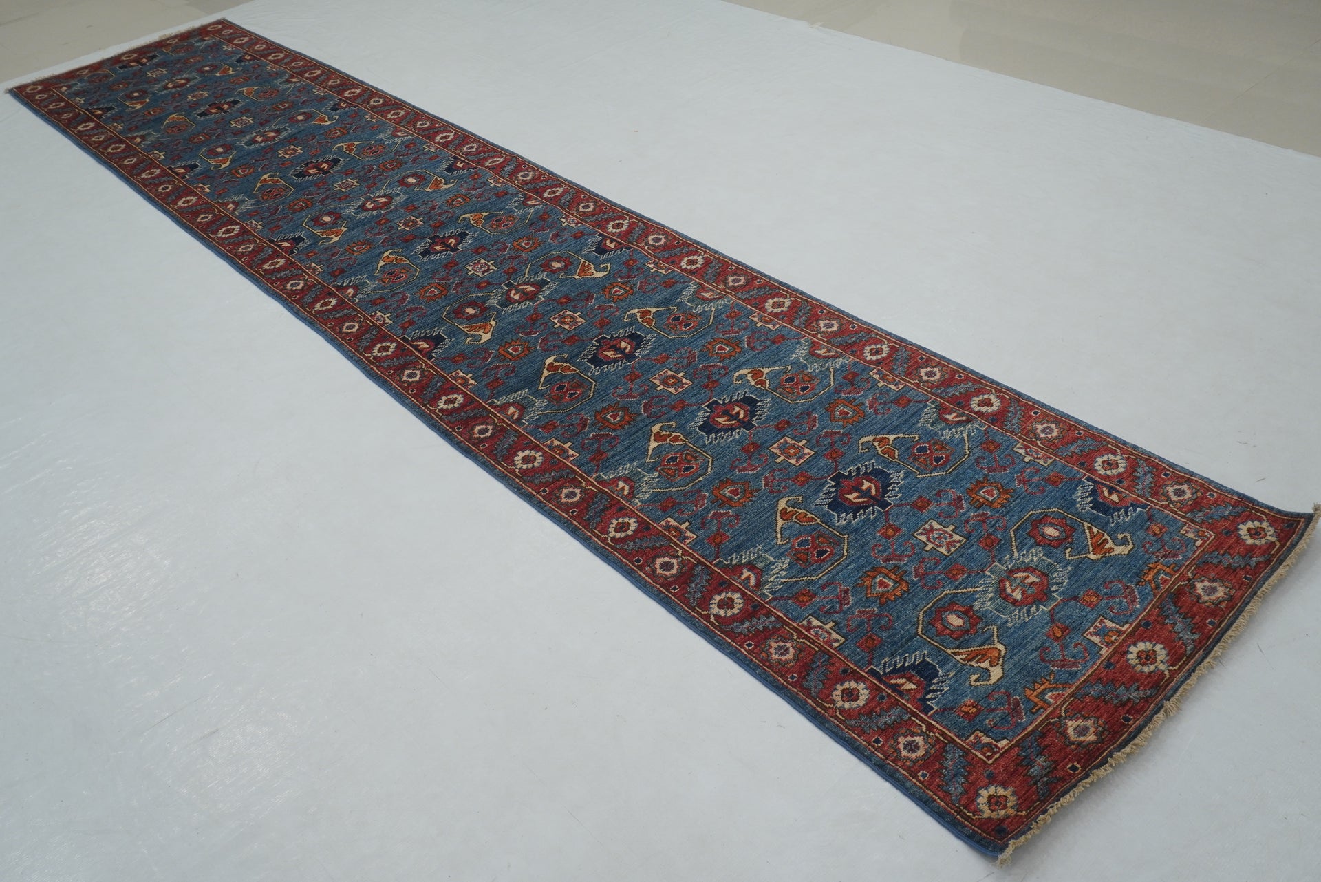 14 ft Navy Blue Serapi Traditional Afghan Hand knotted Runner Rug