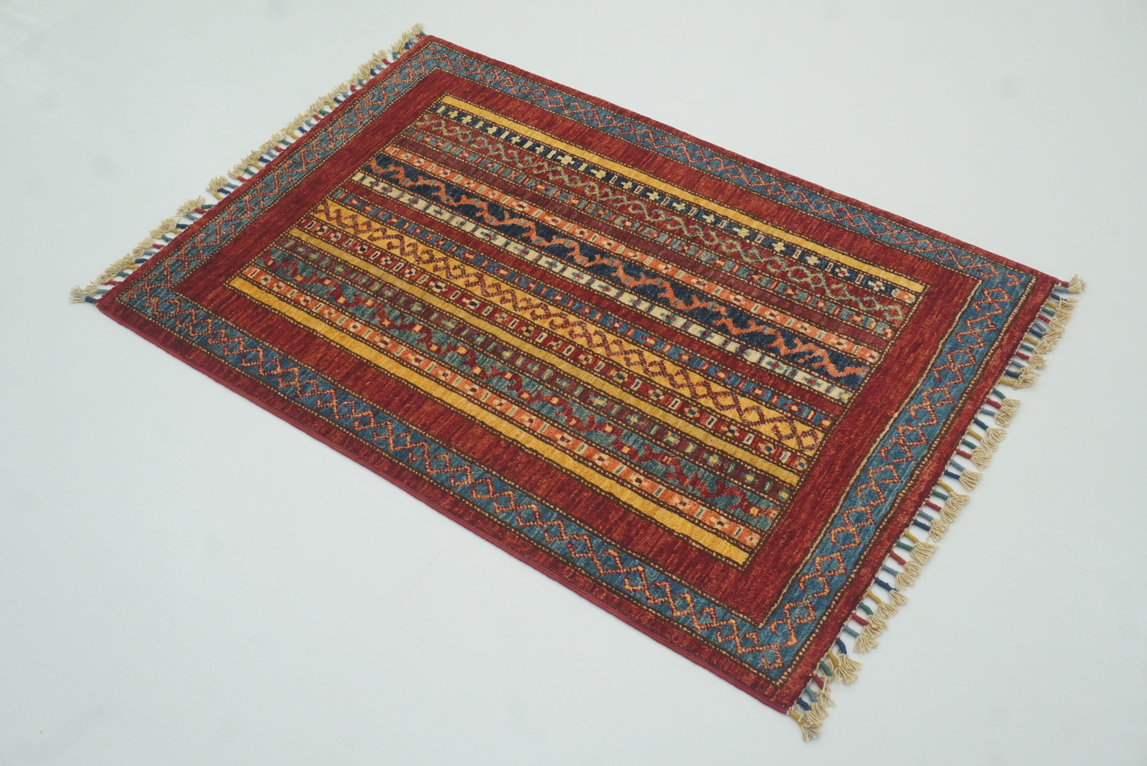 3x4 Red Striped Afghan Hand knotted Rug - Yildiz Rugs