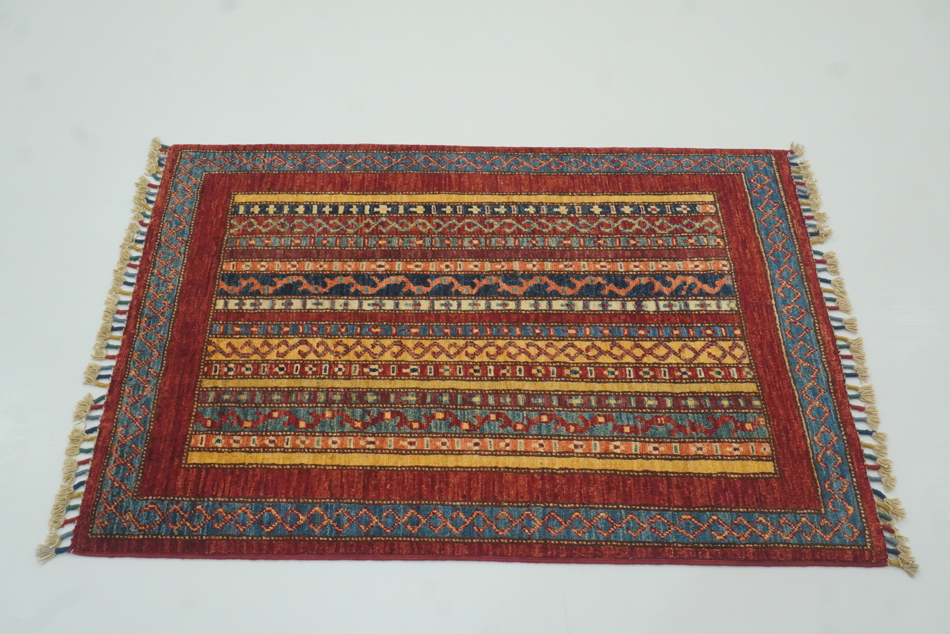 3x4 Red Striped Afghan Hand knotted Rug - Yildiz Rugs