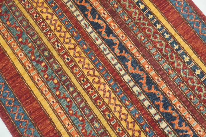 3x4 Red Striped Afghan Hand knotted Rug - Yildiz Rugs