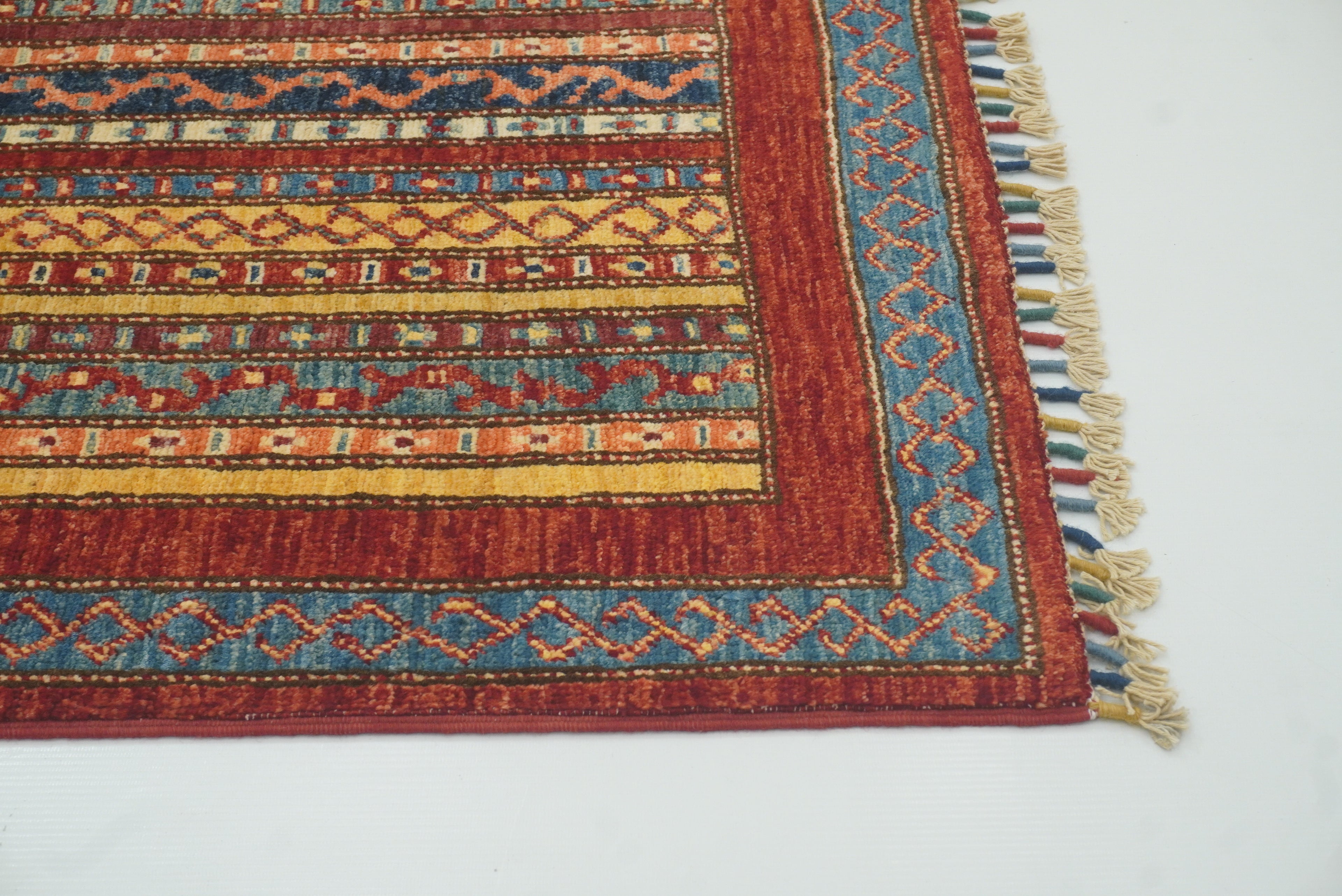 3x4 Red Striped Afghan Hand knotted Rug - Yildiz Rugs