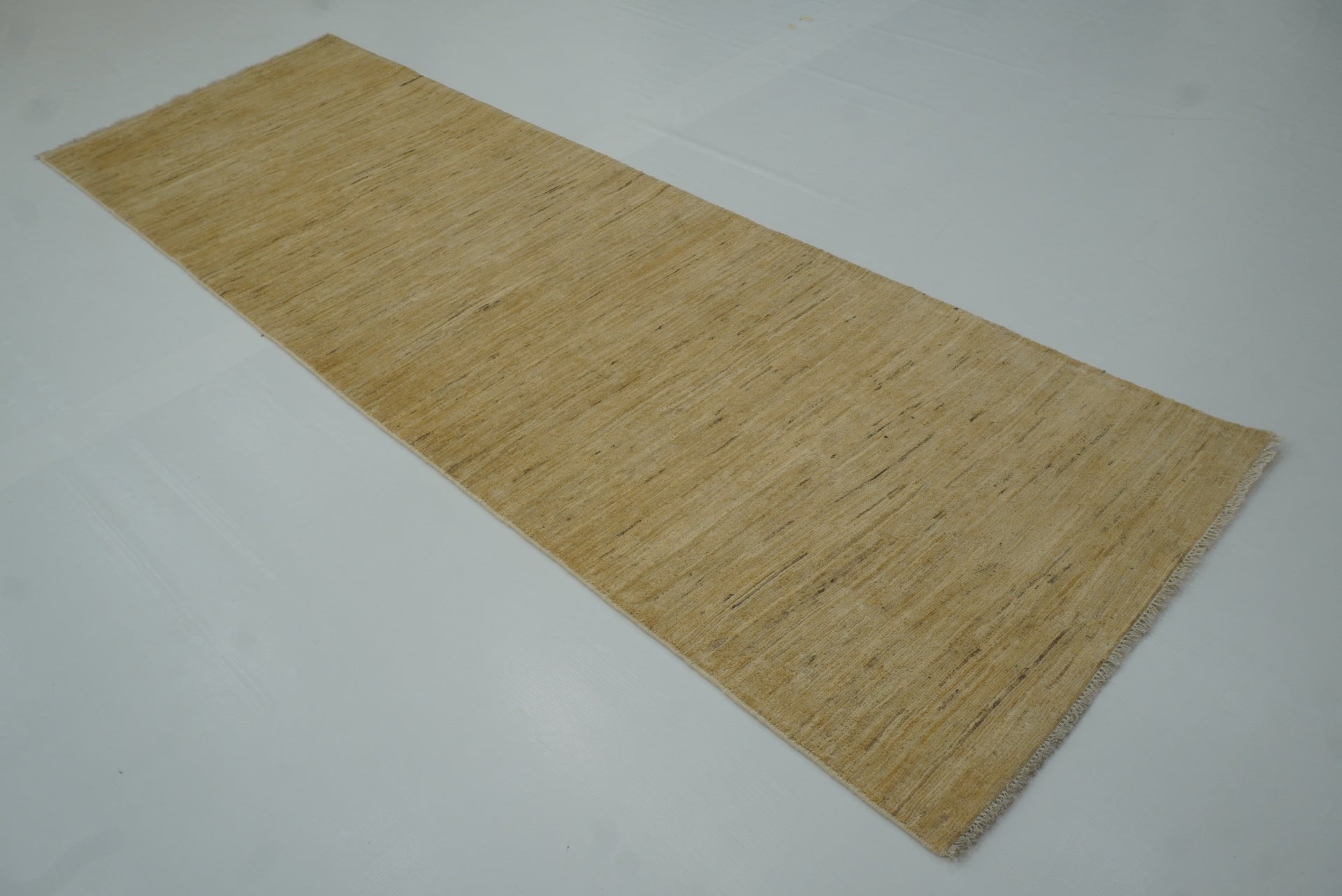 3'x9'7" Solid Gabbeh Gold Beige Afghan Hand Knotted Runner Rug
