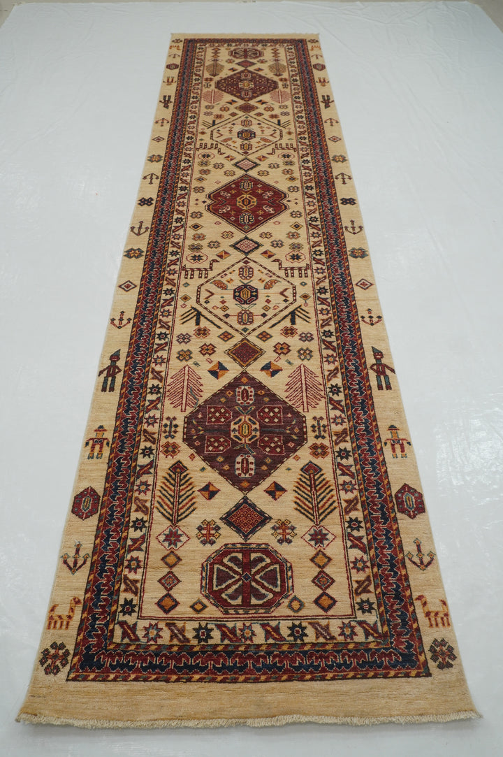 3 x 12 Ft Beige Afghan Tribal Qashqai hand knotted Runner Rug - Yildiz Rugs