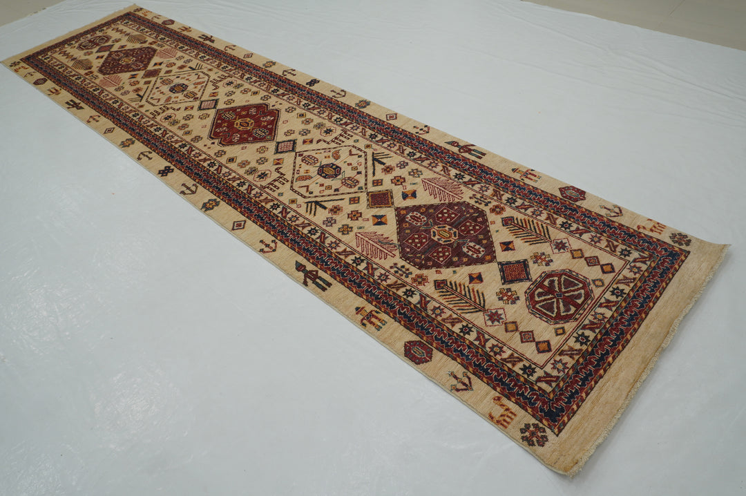3 x 12 Ft Beige Afghan Tribal Qashqai hand knotted Runner Rug