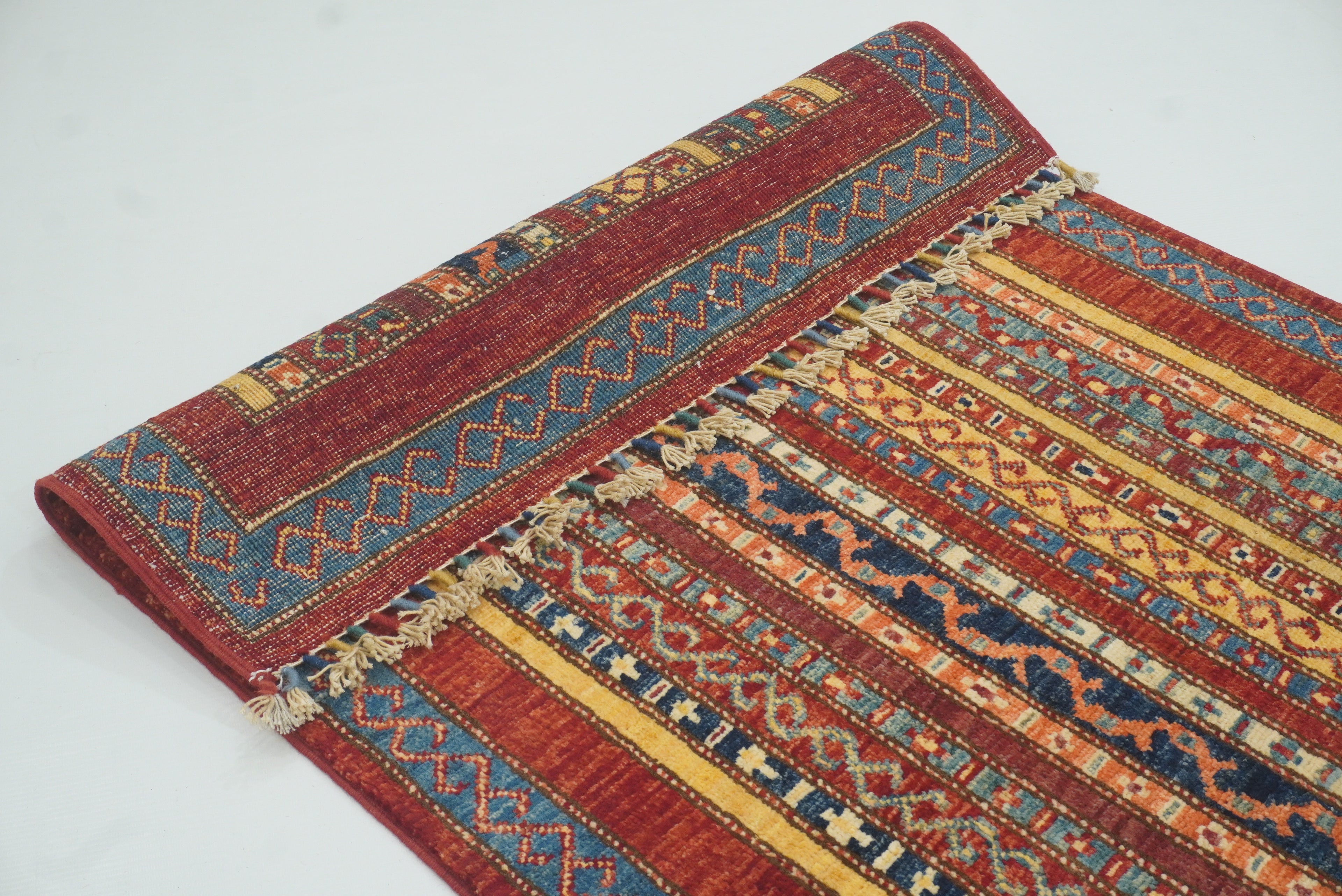 3x4 Red Striped Afghan Hand knotted Rug - Yildiz Rugs