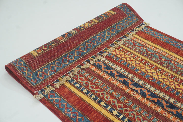 3x4 Red Striped Afghan Hand knotted Rug - Yildiz Rugs