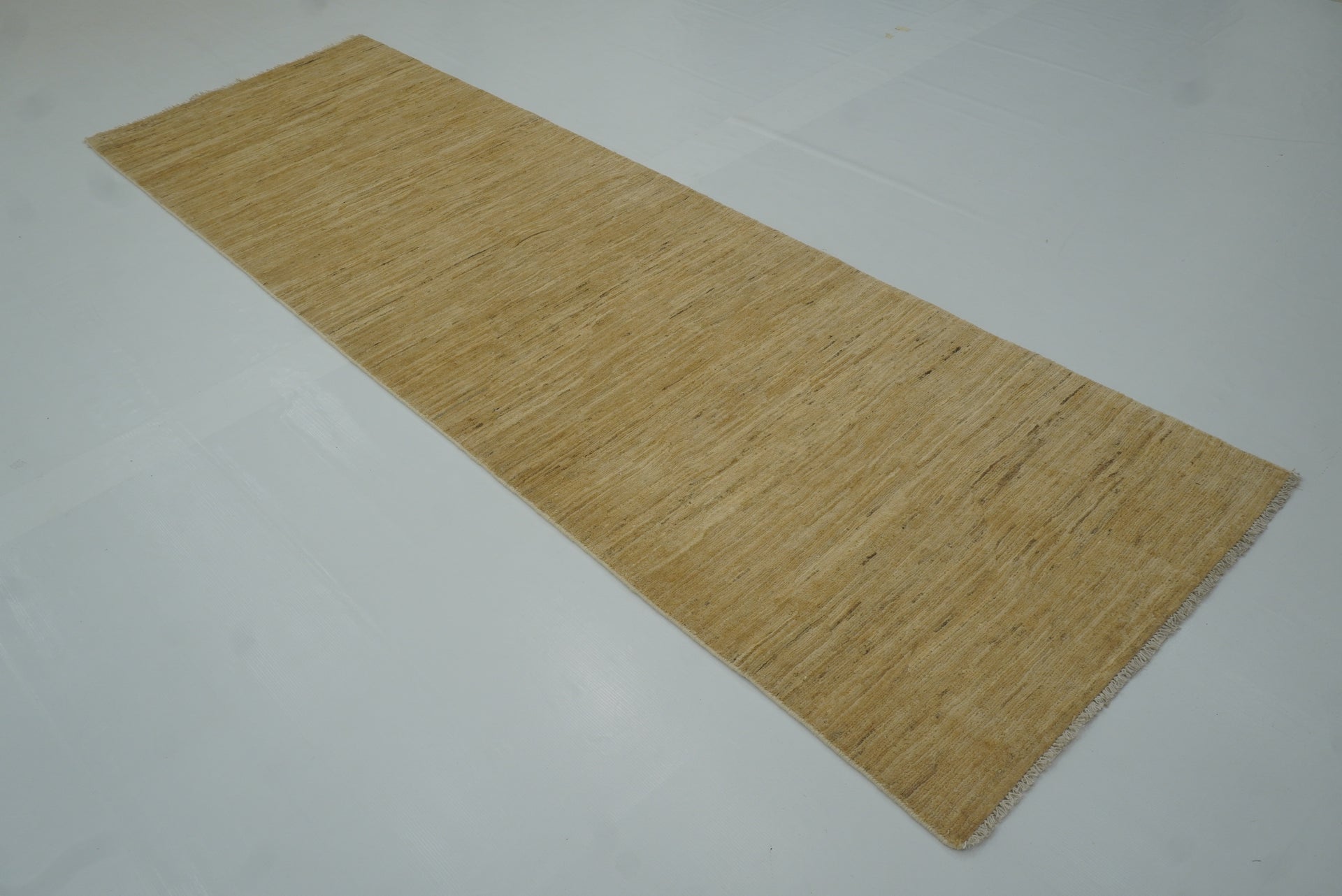 2'11"x9'5" Solid Gabbeh Gold Beige Afghan Hand Knotted Runner Rug