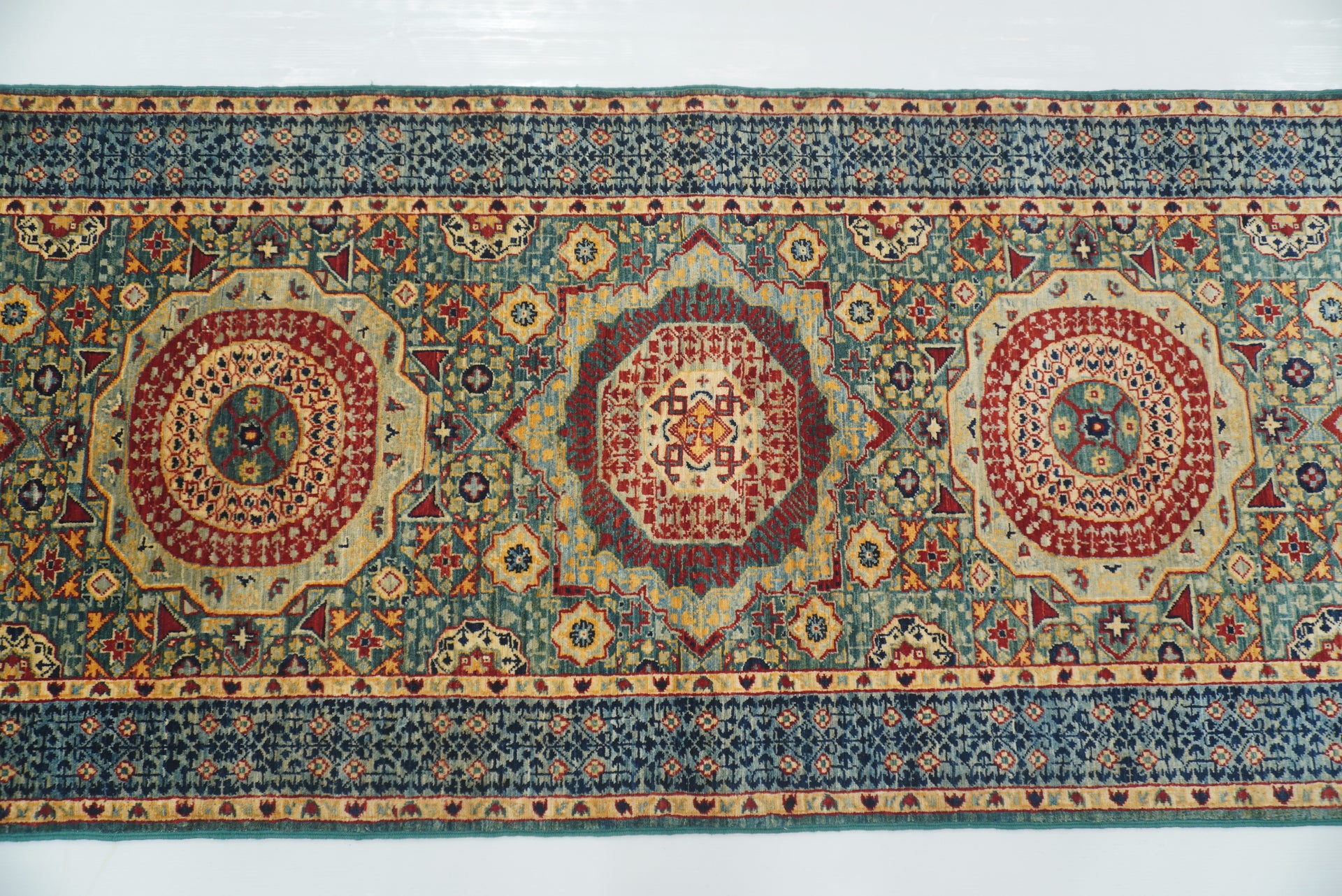 2'6"x9' Green Mamluk Hand knotted Runner Rug