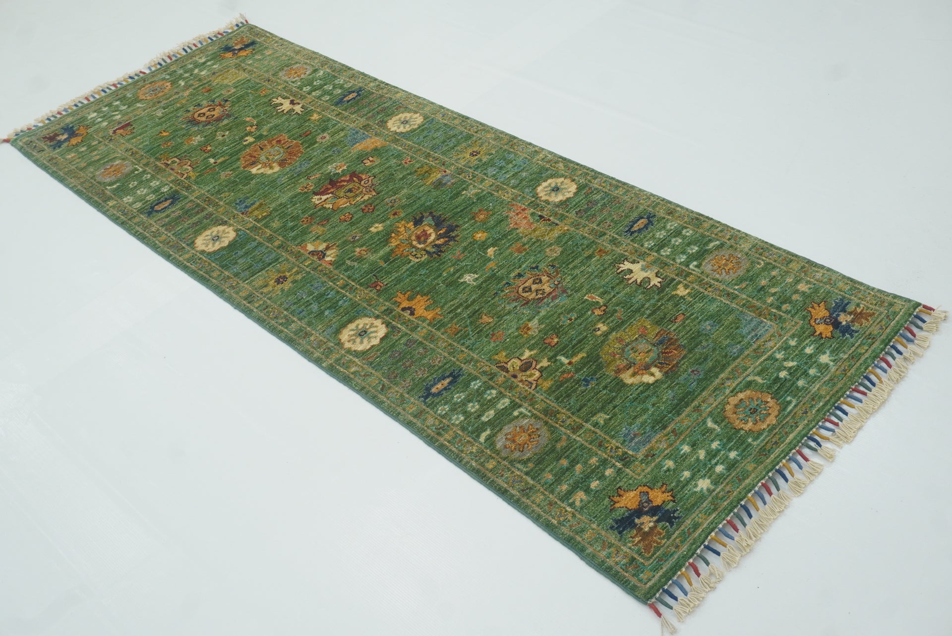 7 ft Waziri Green Afghan Hand-Knotted Wool Runner Rug - Yildiz Rugs