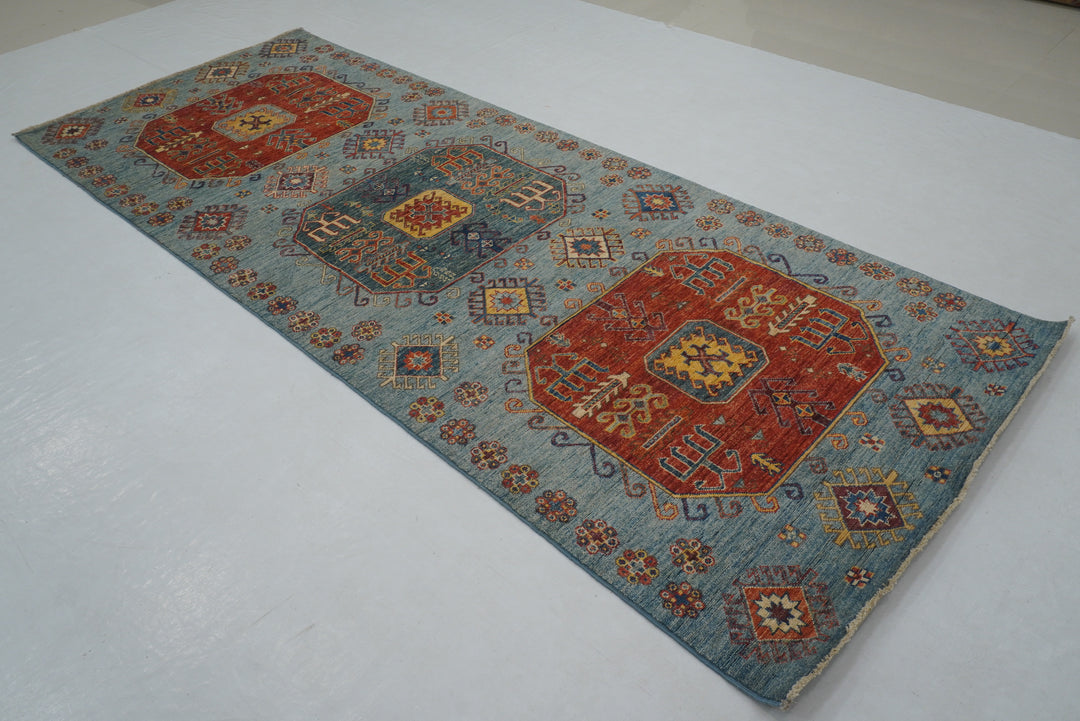 4x10 ft Blue Kazak Afghan Hand knotted Wide Runner Rug