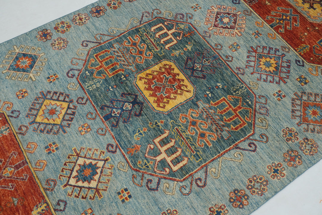 4x10 ft Blue Kazak Afghan Hand knotted Wide Runner Rug