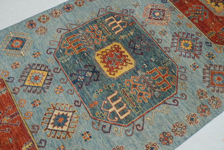 4x10 ft Blue Kazak Afghan Hand knotted Wide Runner Rug