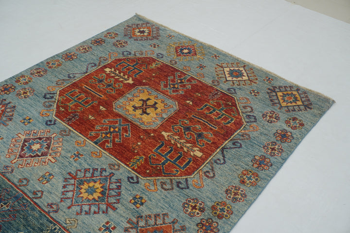 4x10 ft Blue Kazak Afghan Hand knotted Wide Runner Rug