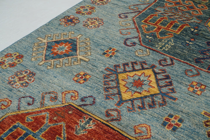 4x10 ft Blue Kazak Afghan Hand knotted Wide Runner Rug