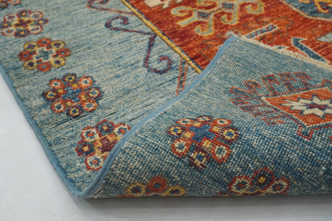 4x10 ft Blue Kazak Afghan Hand knotted Wide Runner Rug