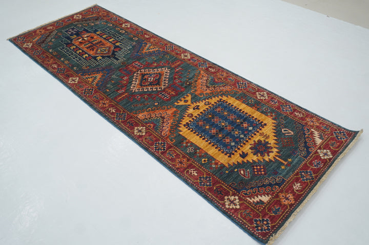 8 Ft Green Malayer Afghan hand knotted Runner Rug