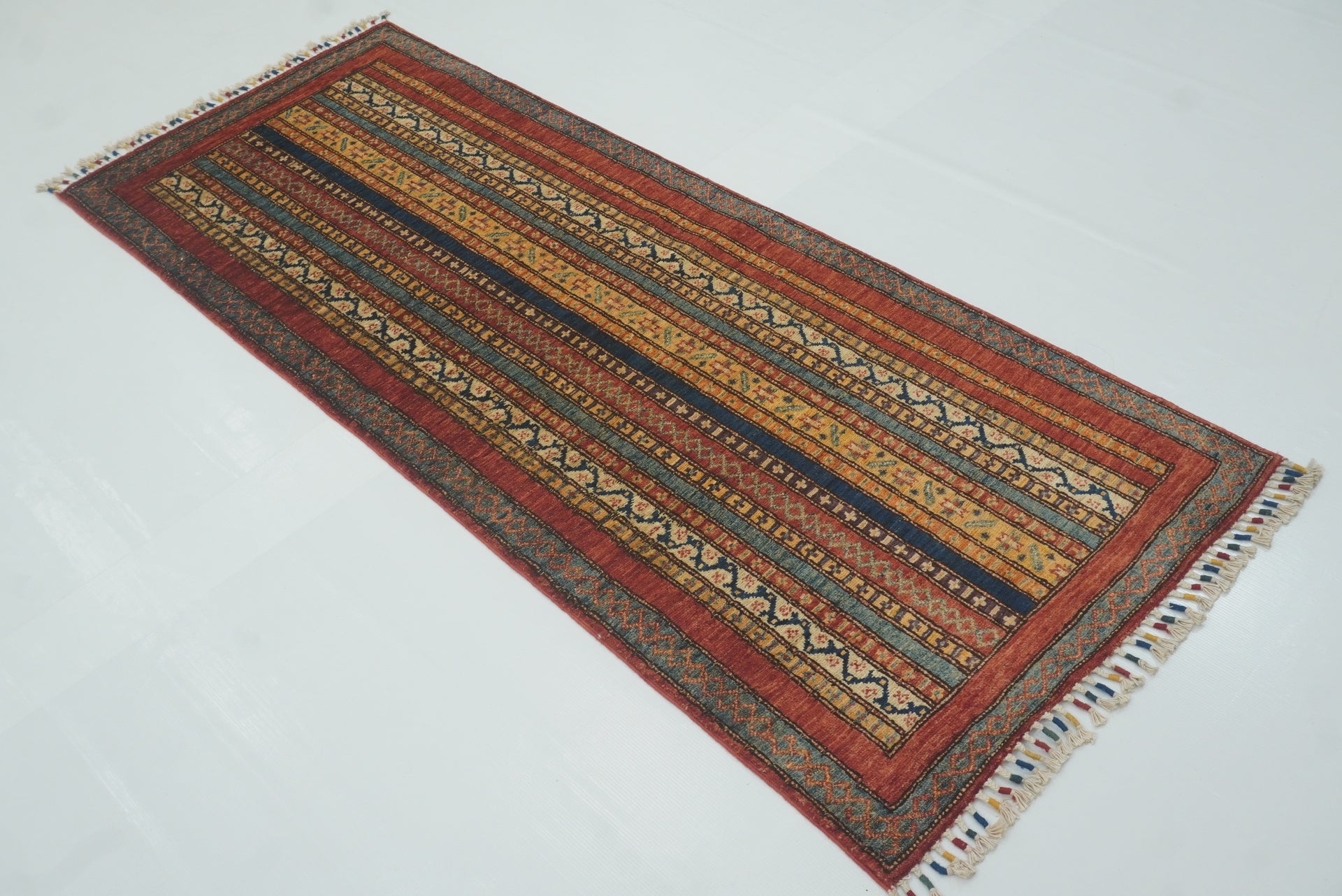 2'6"x6'4" Red Afghan Hand-Knotted Wool Striped Runner Rug - Yildiz Rugs