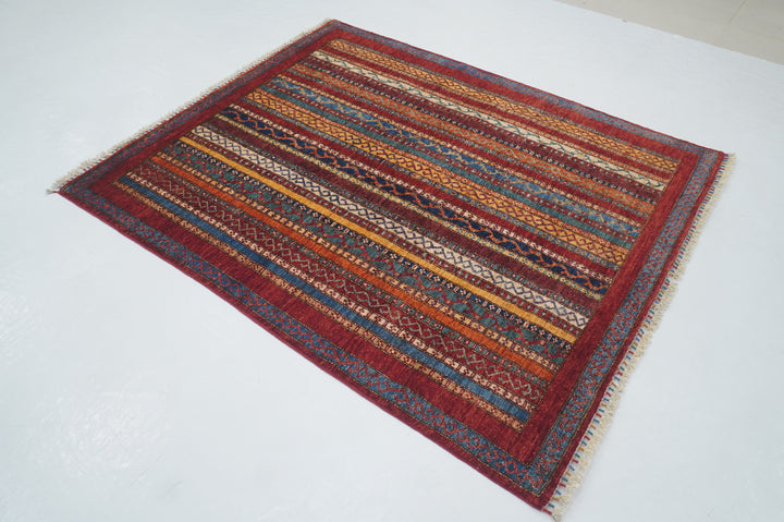 5x6 Red Turkish Shawl Pattern Striped Rug - Yildiz Rugs