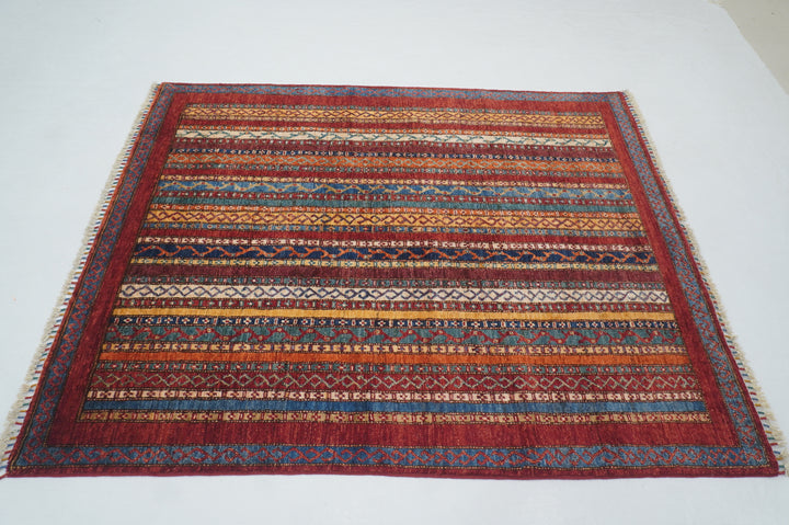 5x6 Red Turkish Shawl Pattern Striped Rug - Yildiz Rugs