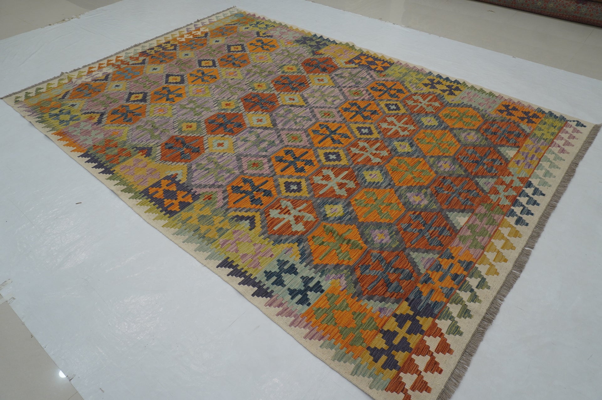 7x10 Gray Afghan Afghan Handmade Geometric Reversible Rug