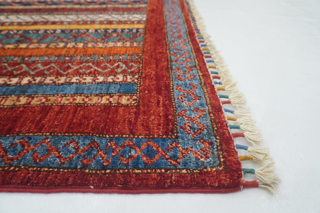 5x6 Red Turkish Shawl Pattern Striped Rug - Yildiz Rugs