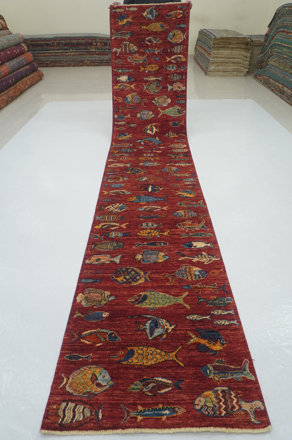 14 ft Red Fish Gabbeh Afghan Hand knotted Long Runner Rug - Yildiz Rugs