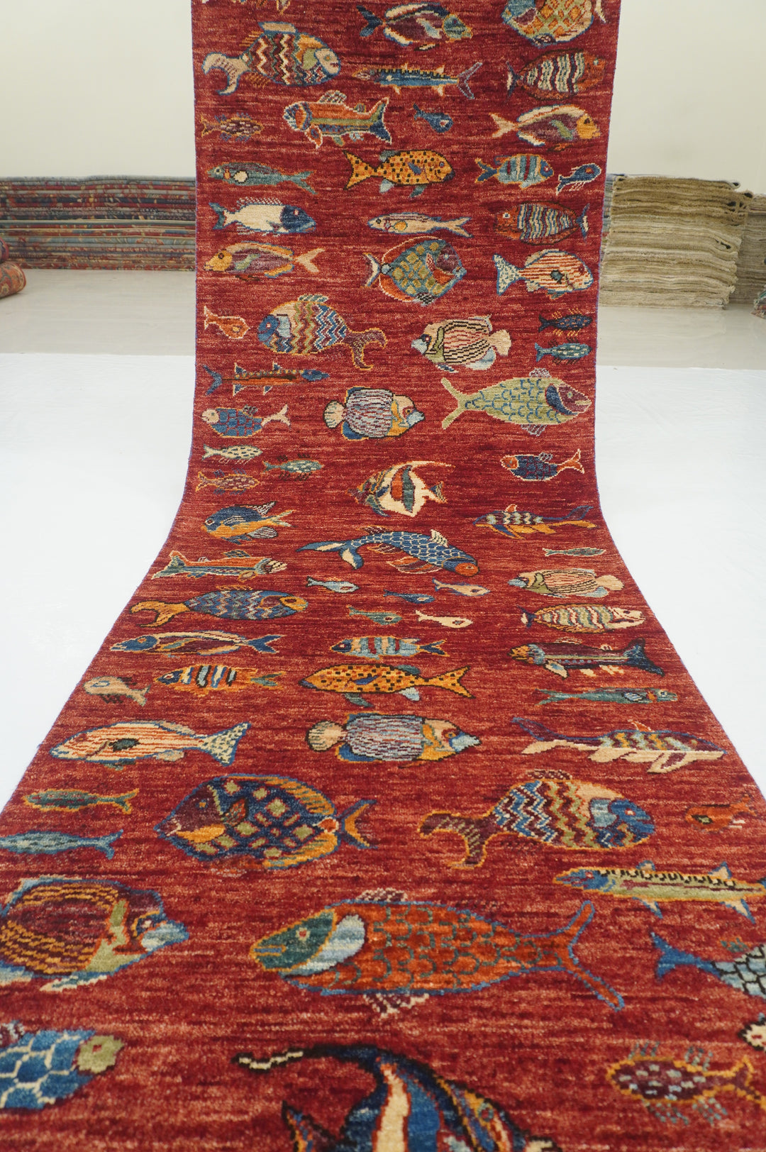 14 ft Red Fish Gabbeh Afghan Hand knotted Long Runner Rug - Yildiz Rugs