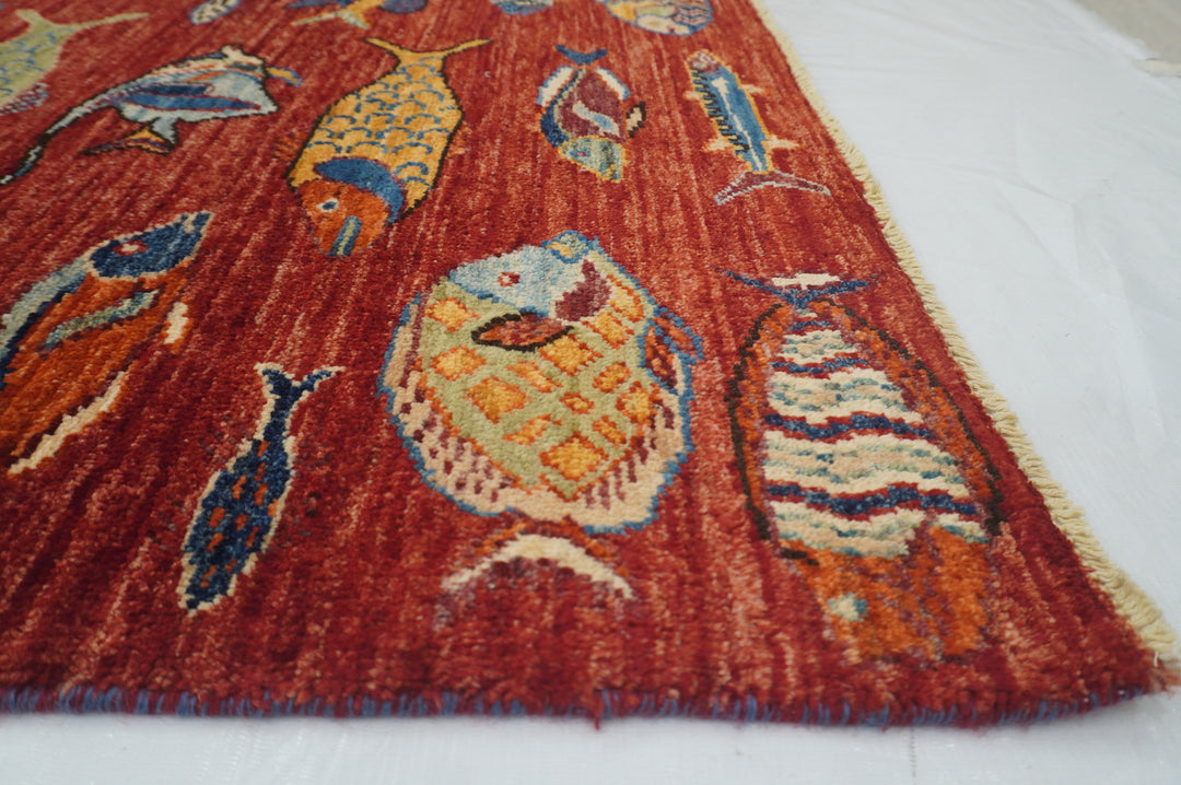 14 ft Red Fish Gabbeh Afghan Hand knotted Long Runner Rug - Yildiz Rugs