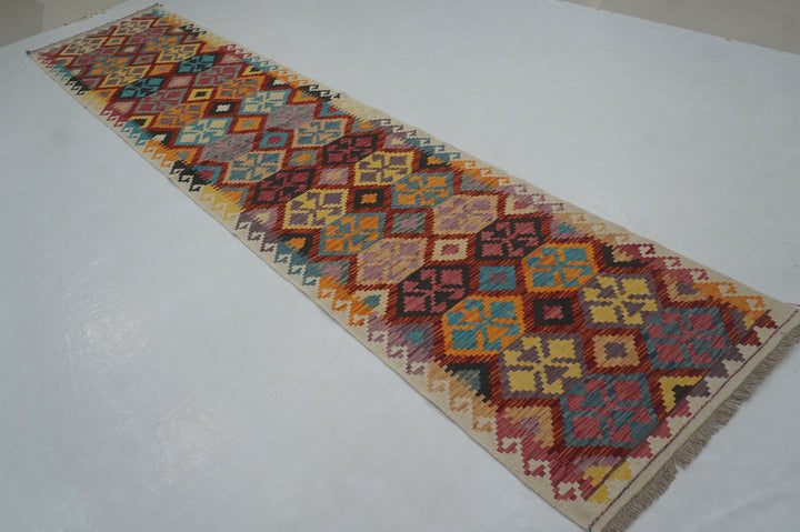 13 Ft Red Kilim Afghan Maimana Hand Woven Runner Rug