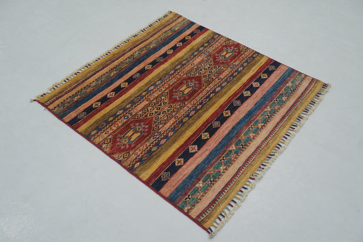 3x3 Red Tribal Afghan Hand Knotted Square Rug