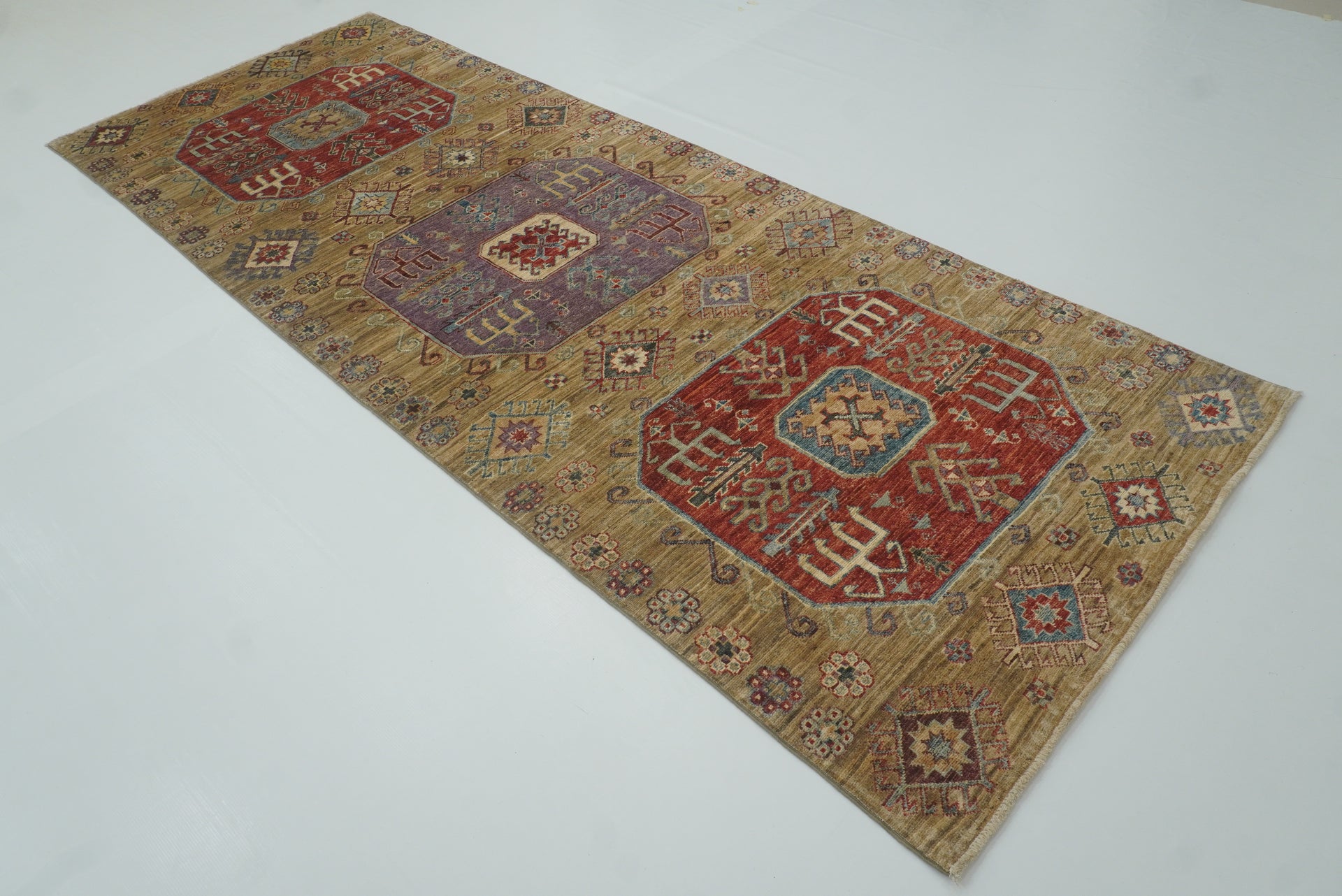 4x10 Beige Kazak Hand-Knotted Afghan Wool Wide Runner Rug - Yildiz Rugs