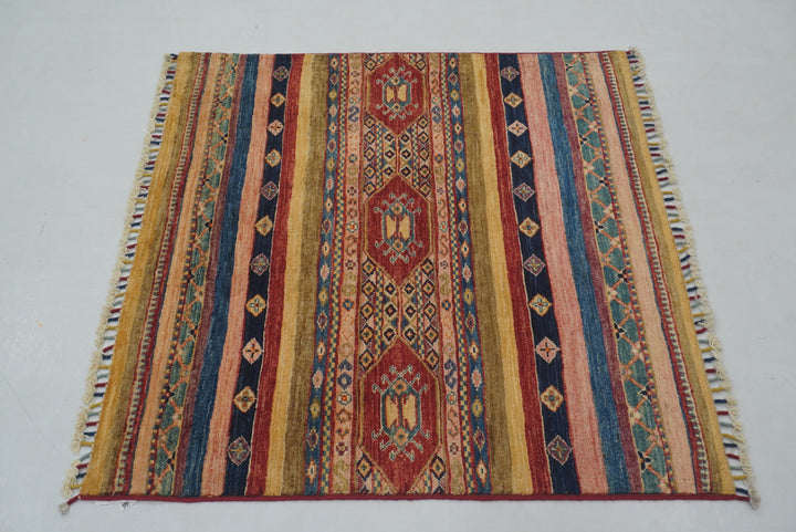 3x3 Red Tribal Afghan Hand Knotted Square Rug