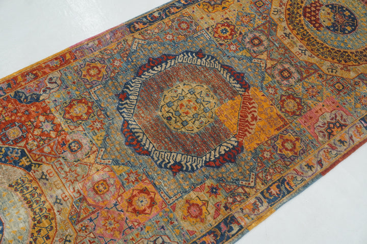 8 ft Blue Mamluk Turkish Hand knotted Medallion Runner Rug