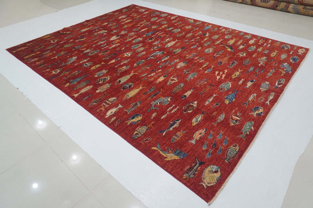 9 x 11 Red Fish Gabbeh Afghan Hand knotted Rug - Yildiz Rugs