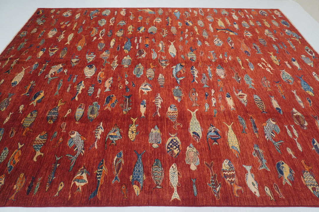 9 x 11 Red Fish Gabbeh Afghan Hand knotted Rug - Yildiz Rugs