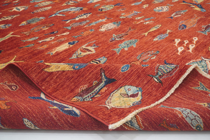 9 x 11 Red Fish Gabbeh Afghan Hand knotted Rug - Yildiz Rugs