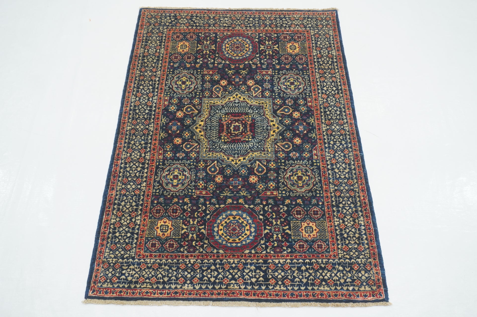 3x4 Navy Blue Mamluk Hand knotted Geometric Turkish Medallion Rug - Yildiz Rugs