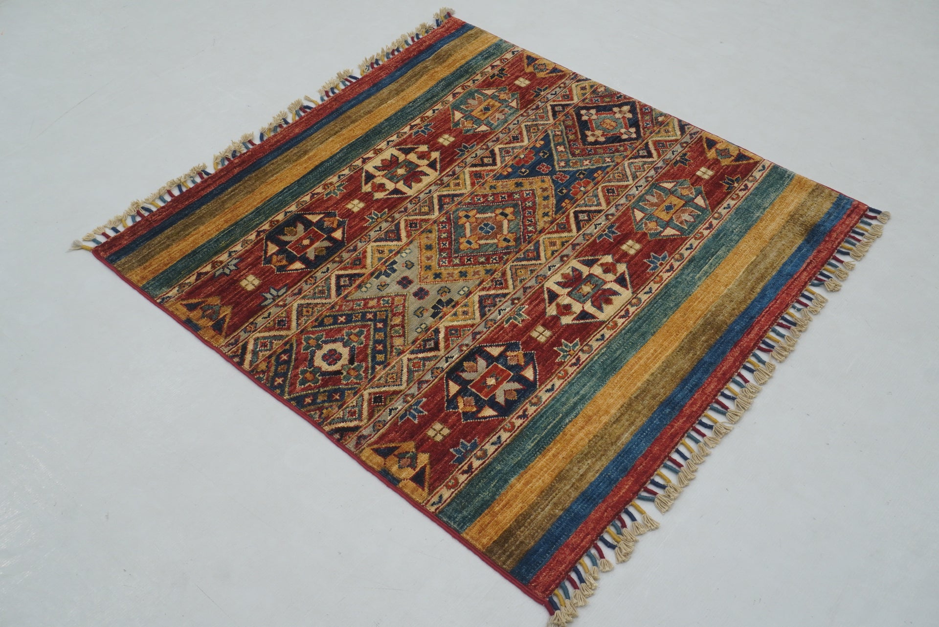 3x3 Red Tribal Afghan Hand Knotted Square Rug