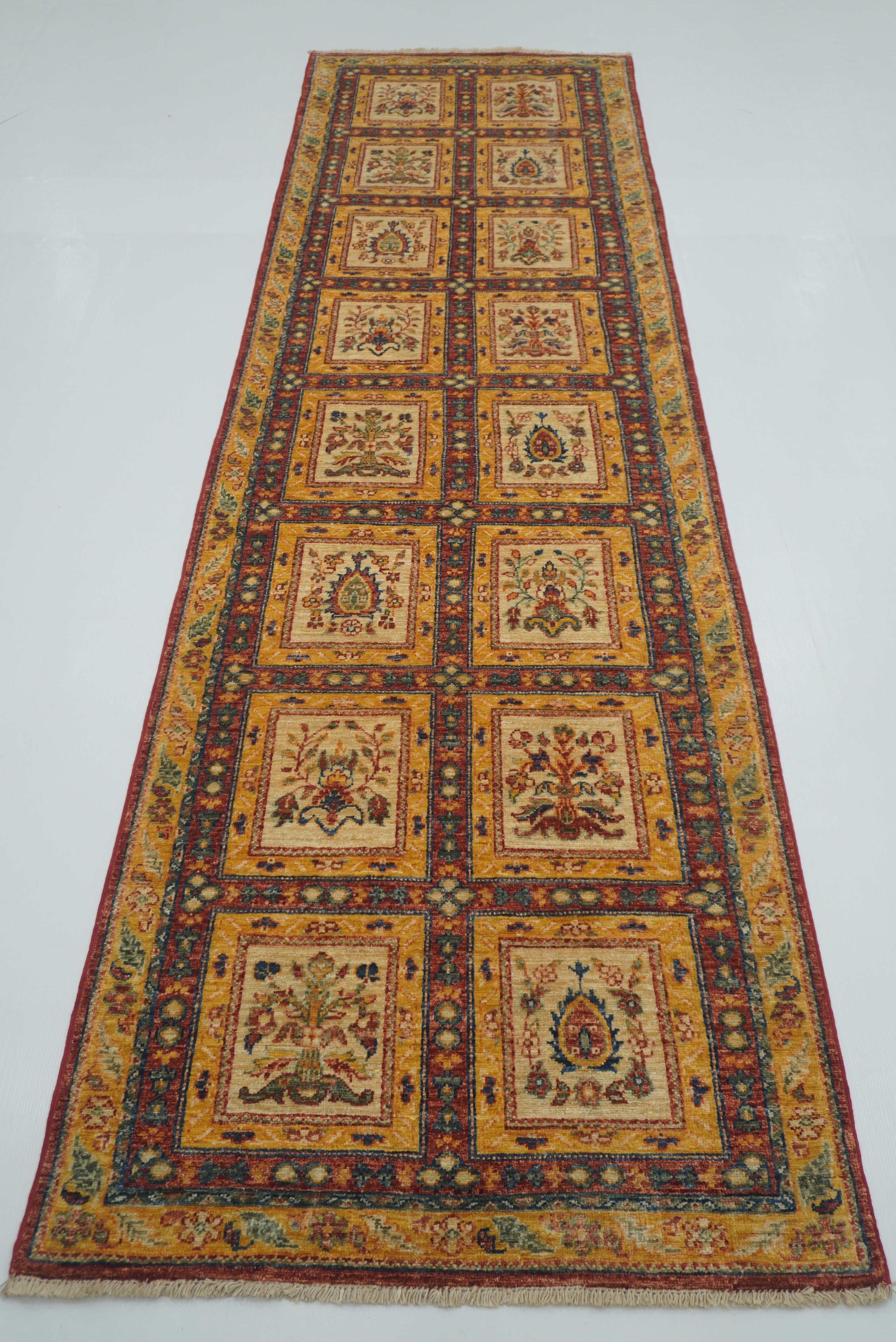 10 ft Red Beige Vintage Afghan Hand knotted Runner Rug - Yildiz Rugs