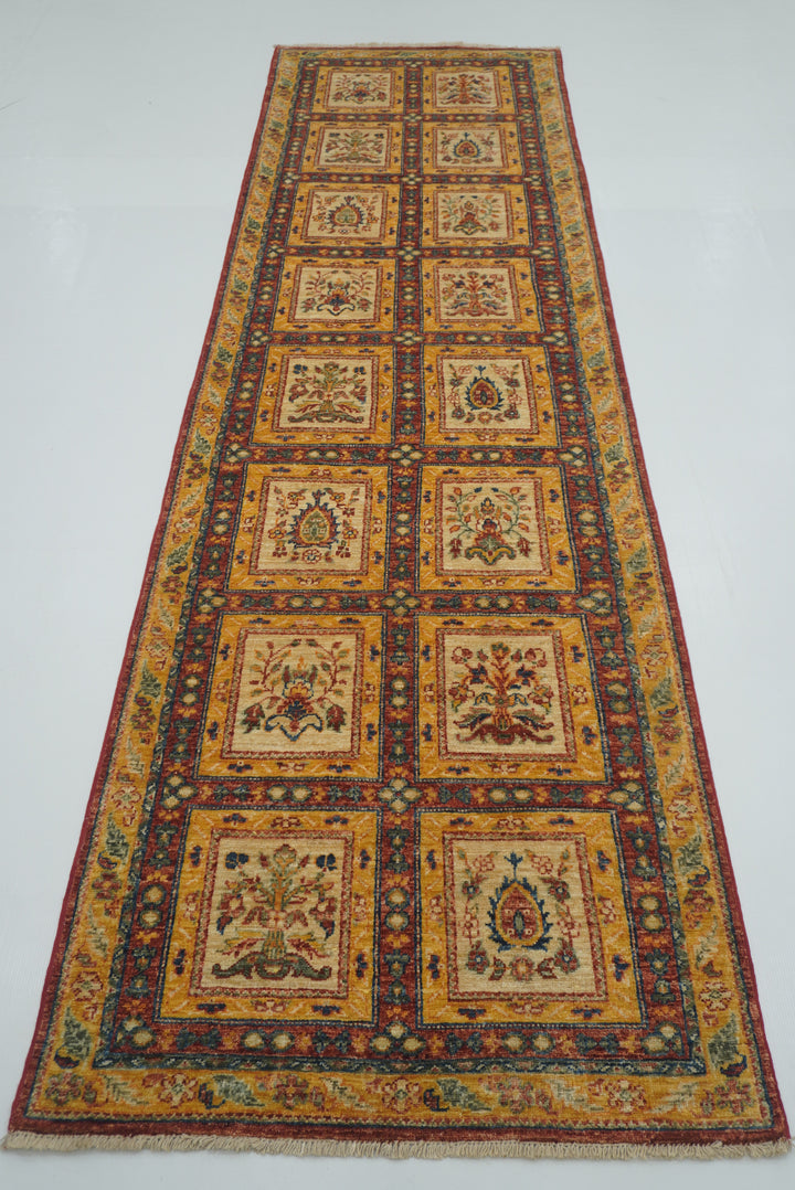 10 ft Red Beige Vintage Afghan Hand knotted Runner Rug - Yildiz Rugs