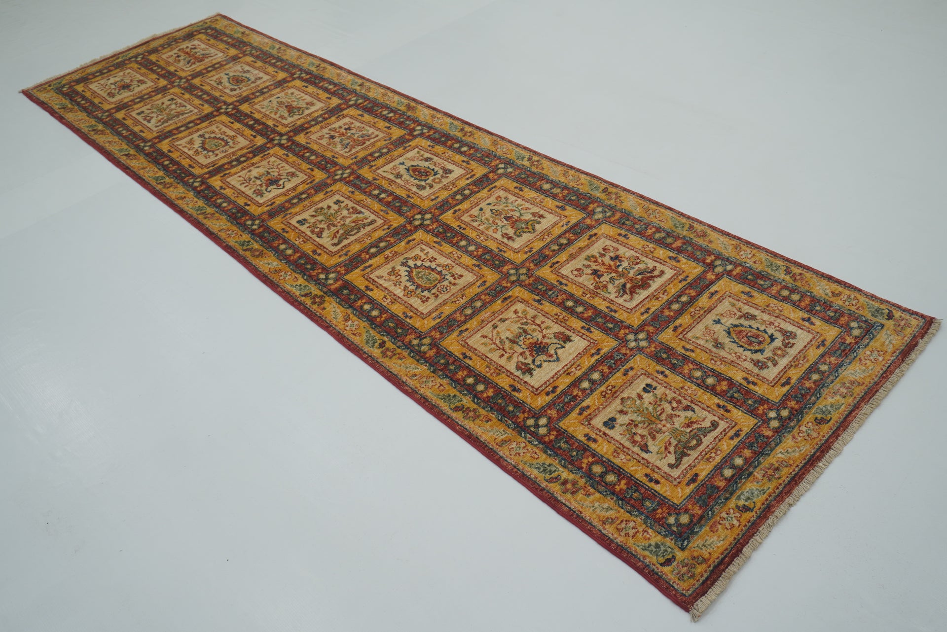 10 ft Red Beige Vintage Afghan Hand knotted Runner Rug - Yildiz Rugs