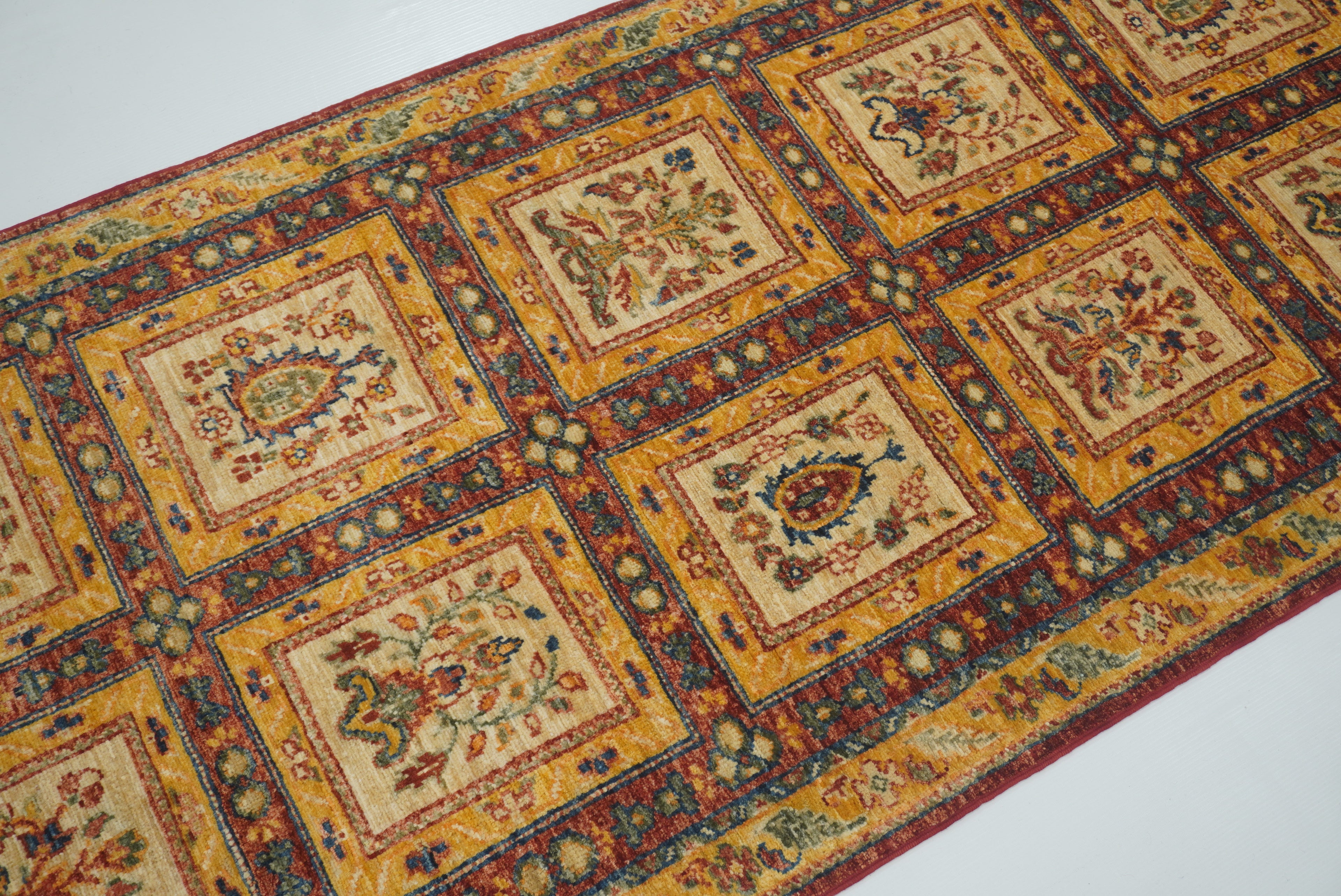 10 ft Red Beige Vintage Afghan Hand knotted Runner Rug - Yildiz Rugs