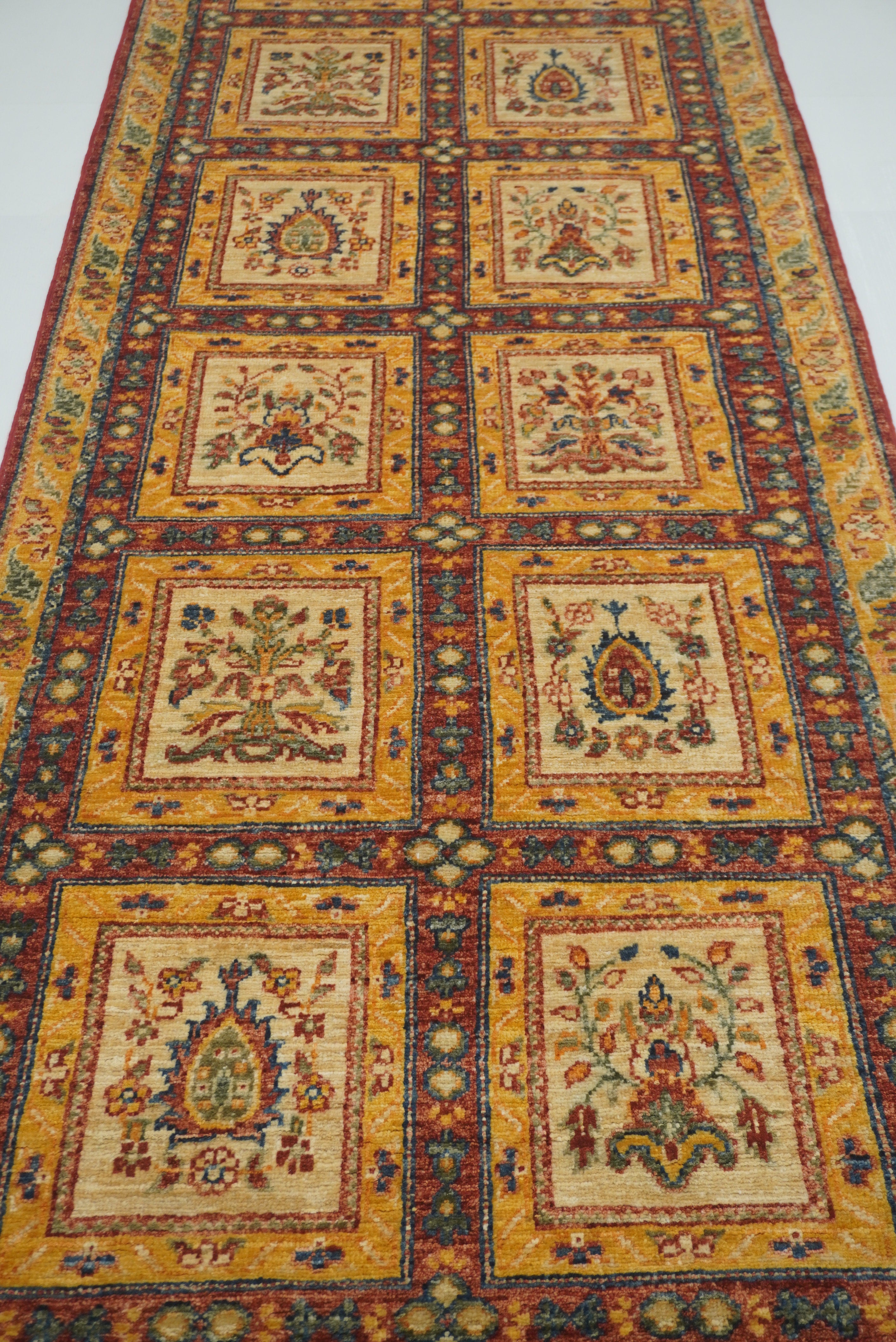 10 ft Red Beige Vintage Afghan Hand knotted Runner Rug - Yildiz Rugs