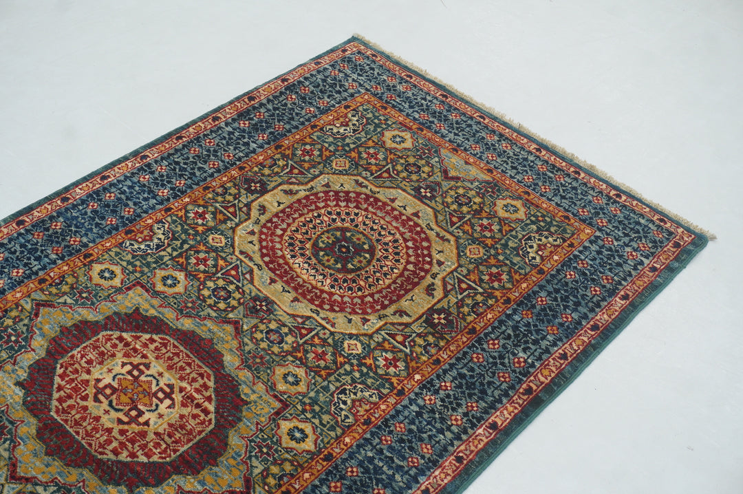 6 ft Green Mamluk Turkish Hand knotted Runner Rug