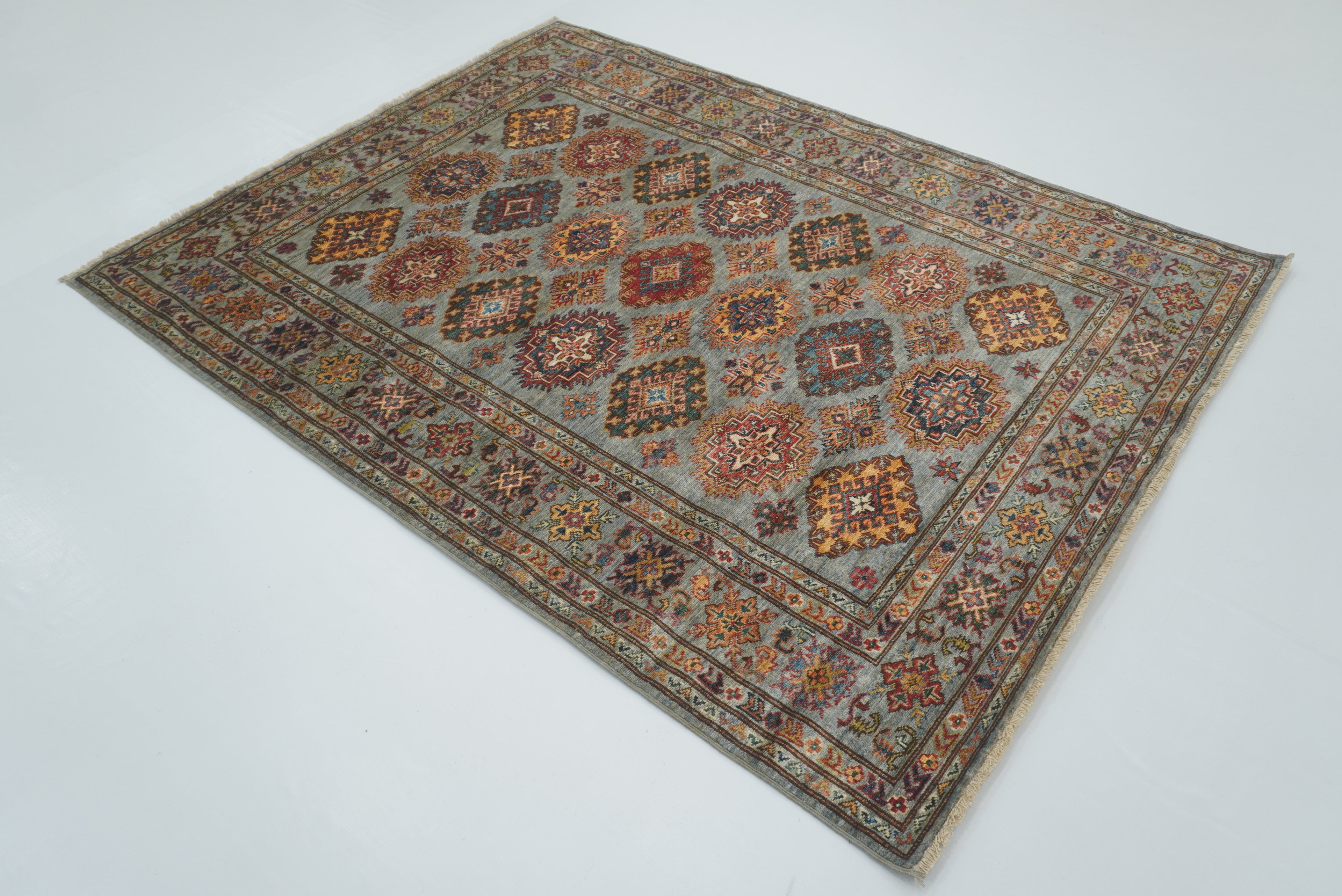 5x7 Gray Kazak Hand Knotted Afghan Geometric Rug - Yildiz Rugs