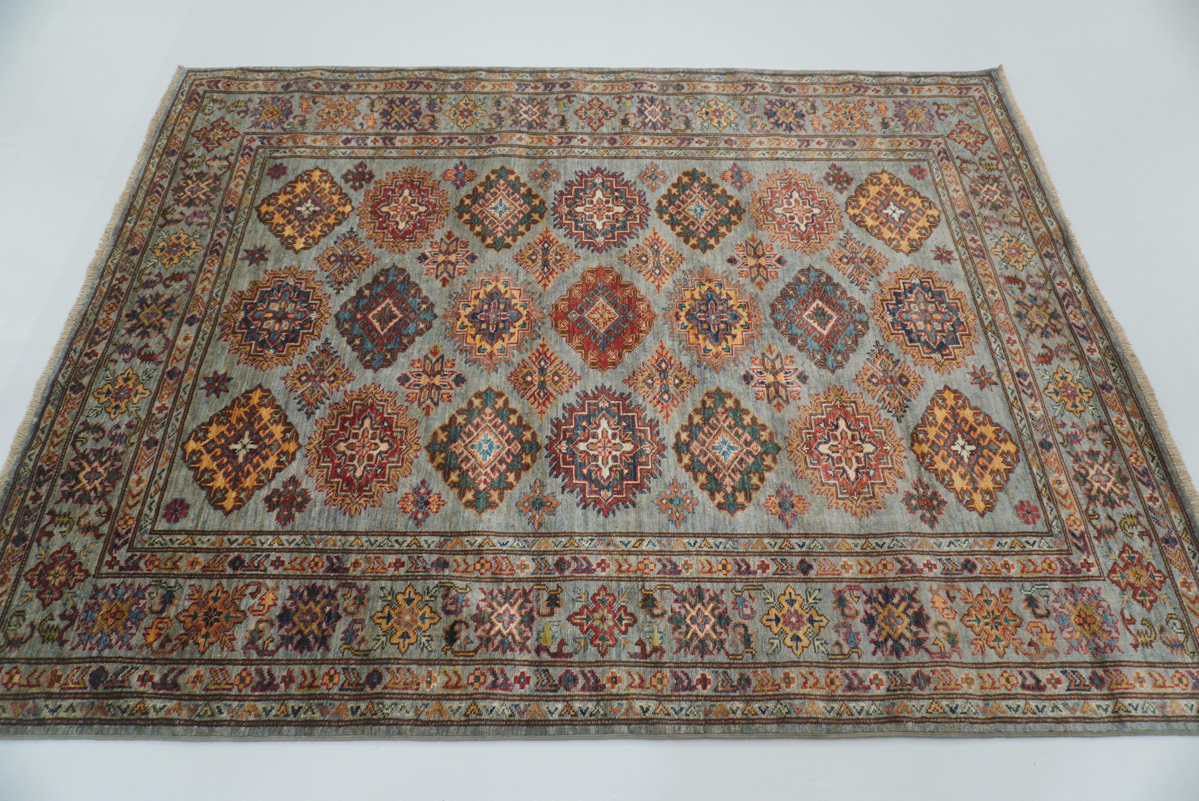 5x7 Gray Kazak Hand Knotted Afghan Geometric Rug - Yildiz Rugs