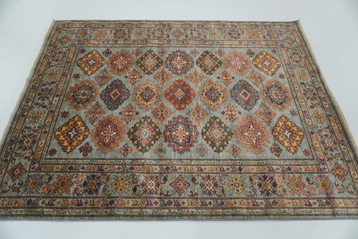 5x7 Gray Kazak Hand Knotted Afghan Geometric Rug - Yildiz Rugs